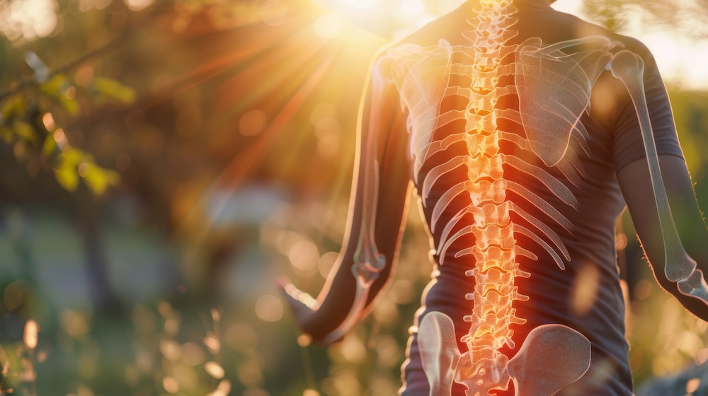 Zeichnung Thorax, Wirbelsäule, Grenzstrang auf einem echten Foto.