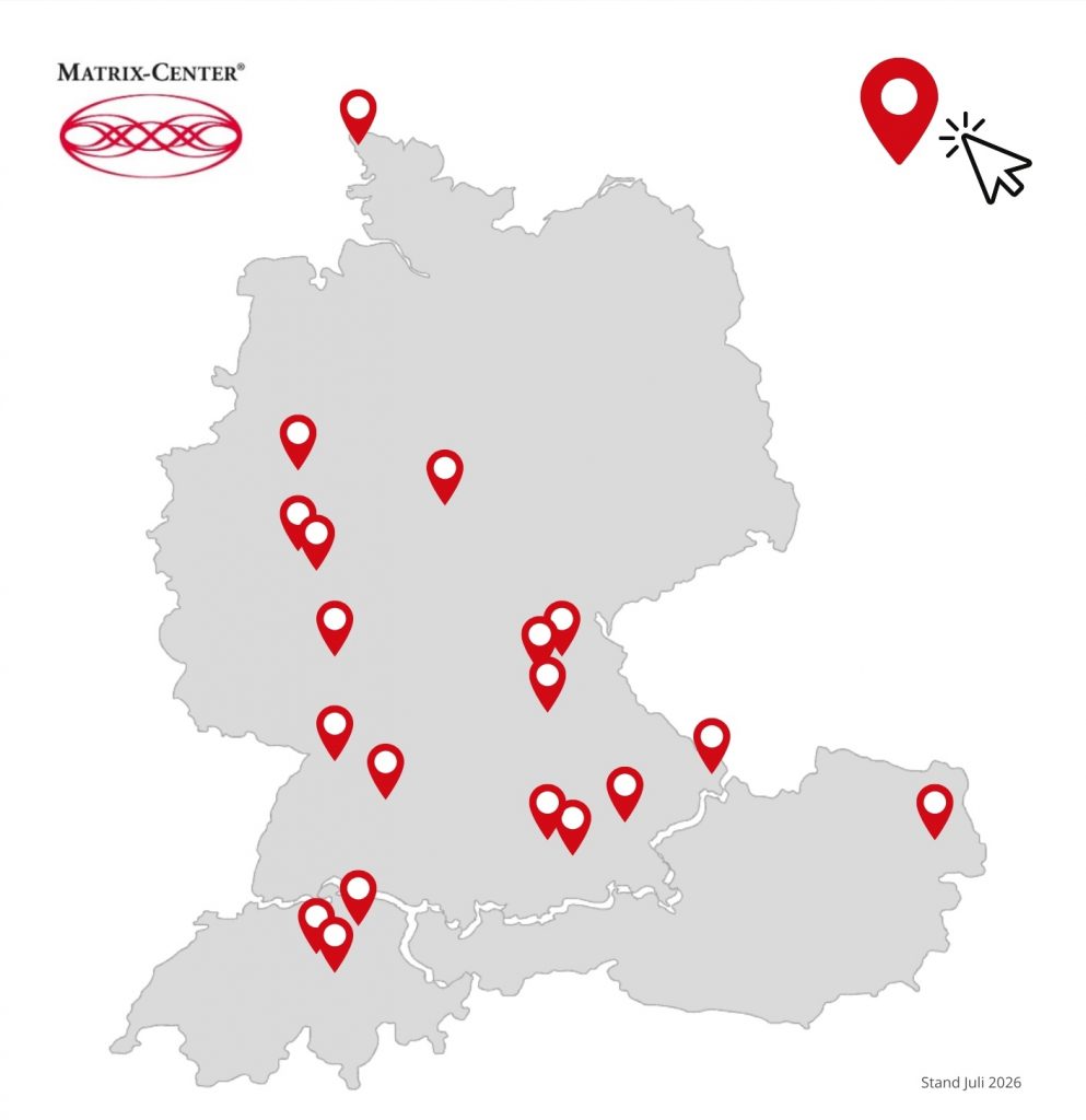 Karte DACH Raum auf dem die Orte gekennzeichent sind, wo es Matrix Center gibt
